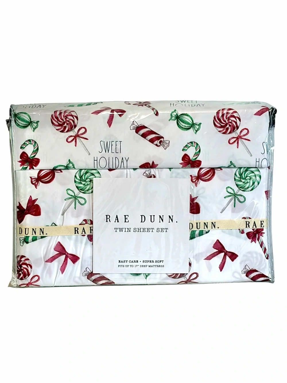 Rae Dunn by Enchante HOLIDAY RED 3-Piece Twin Sheet Set Red Green & White NWT